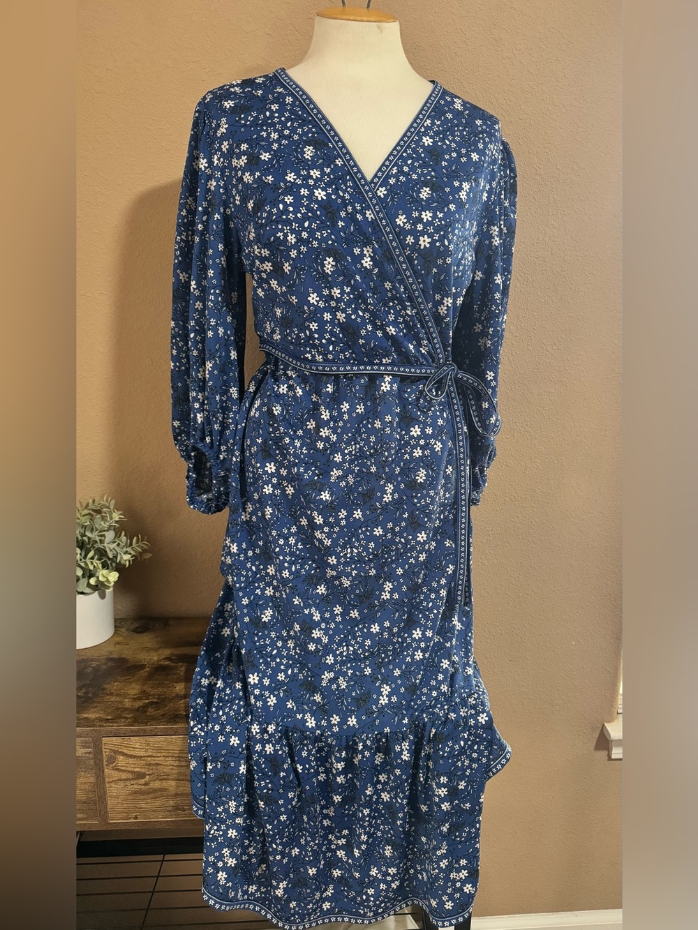 Max Studio Navy Blue Floral Wrap Maxi Dress with Tie
